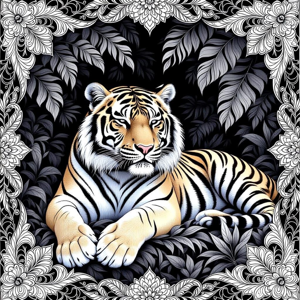 black and white line art of a majestic tiger resting peacefully in dense
jungle foliage, surrounded by tropical leaves and vines, intricate
...
