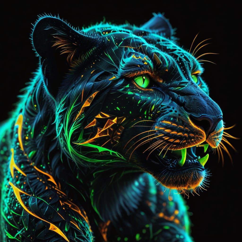 A panther made out of fractals of neon green and neon orange snarling against a black background  by @AlisonM
