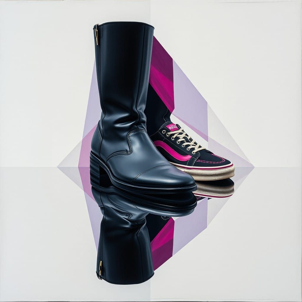 Mesmerizing Oil Painting of Hidden Shoes in Geometric Cubist...