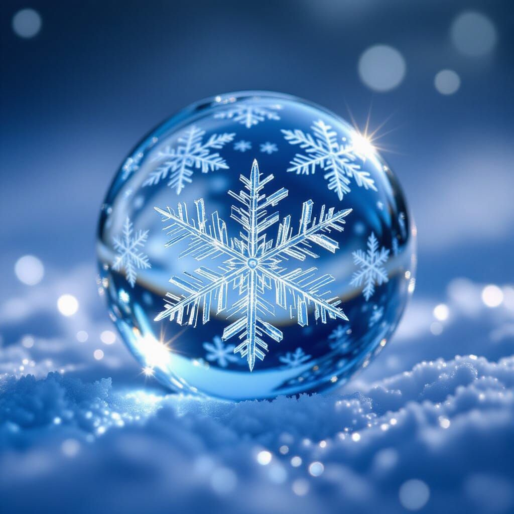 Glass Bead With Rotating Ice Crystals and Snowflakes