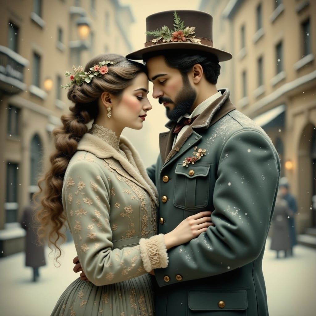 <lora:french vintage:1.0> couple under snowfall, high details, masterpiece,vintage postcard