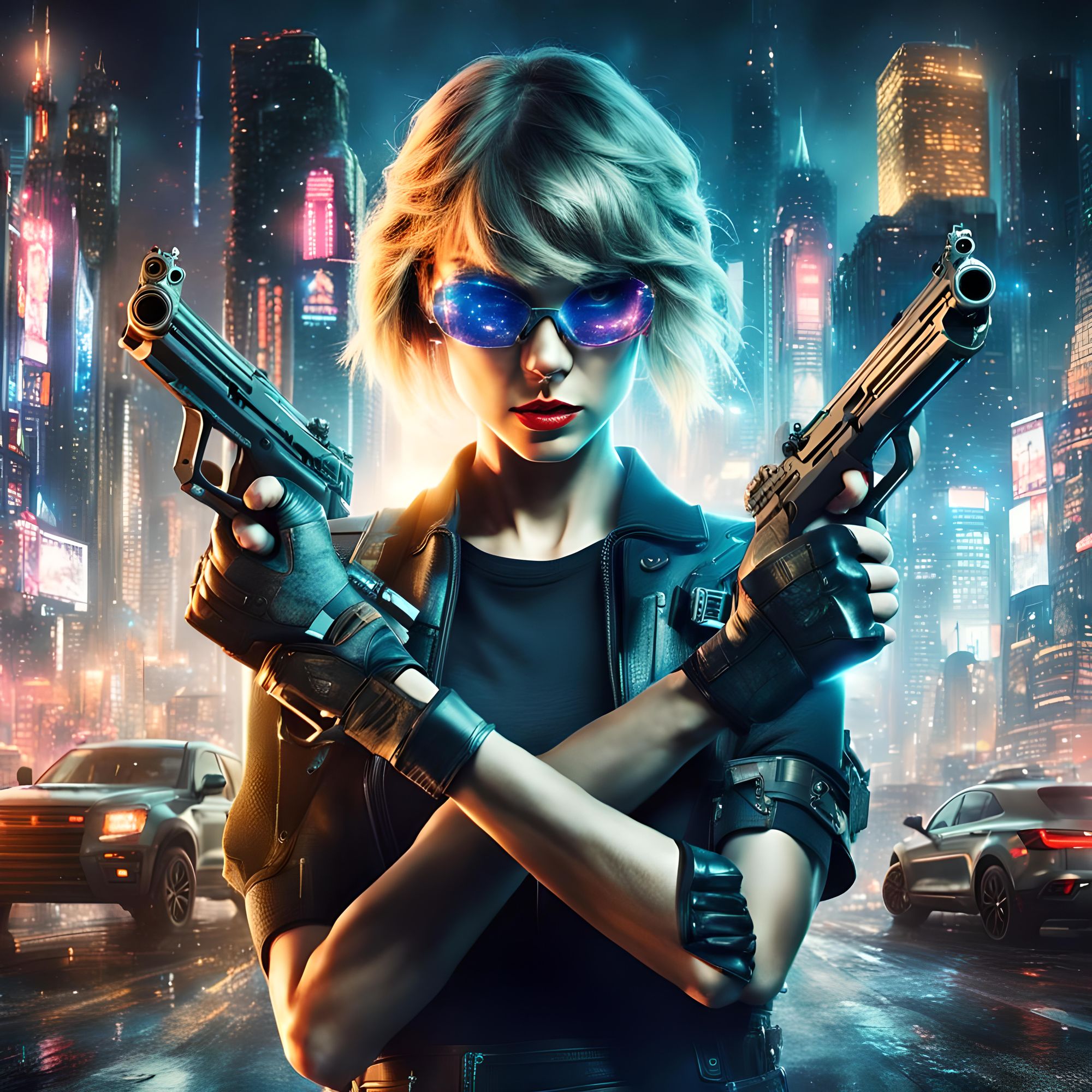 Poster of Taylor Swift as a Terminatrix holding two guns, with a backdrop of a cyberpunk city.