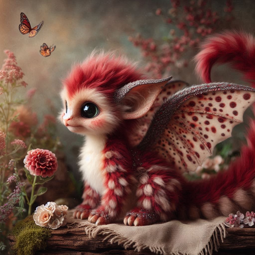 Fluffy Spotted Burgundy Dragon  by @Krys