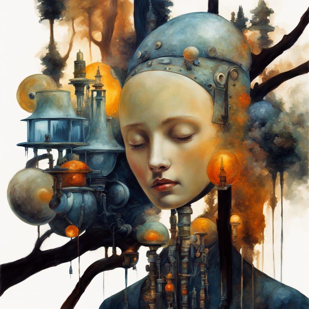 Surrealist digital art. A whimsical robot constructed from vintage teacups and grandfather clock parts, offering a glowi...