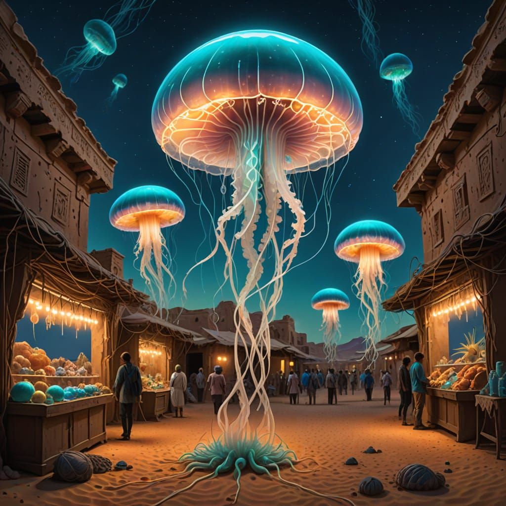 Surrealism. A bioluminescent jellyfish floats through an alien desert market at twilight. Its tendrils emit a soft, ethereal glow, illuminat...