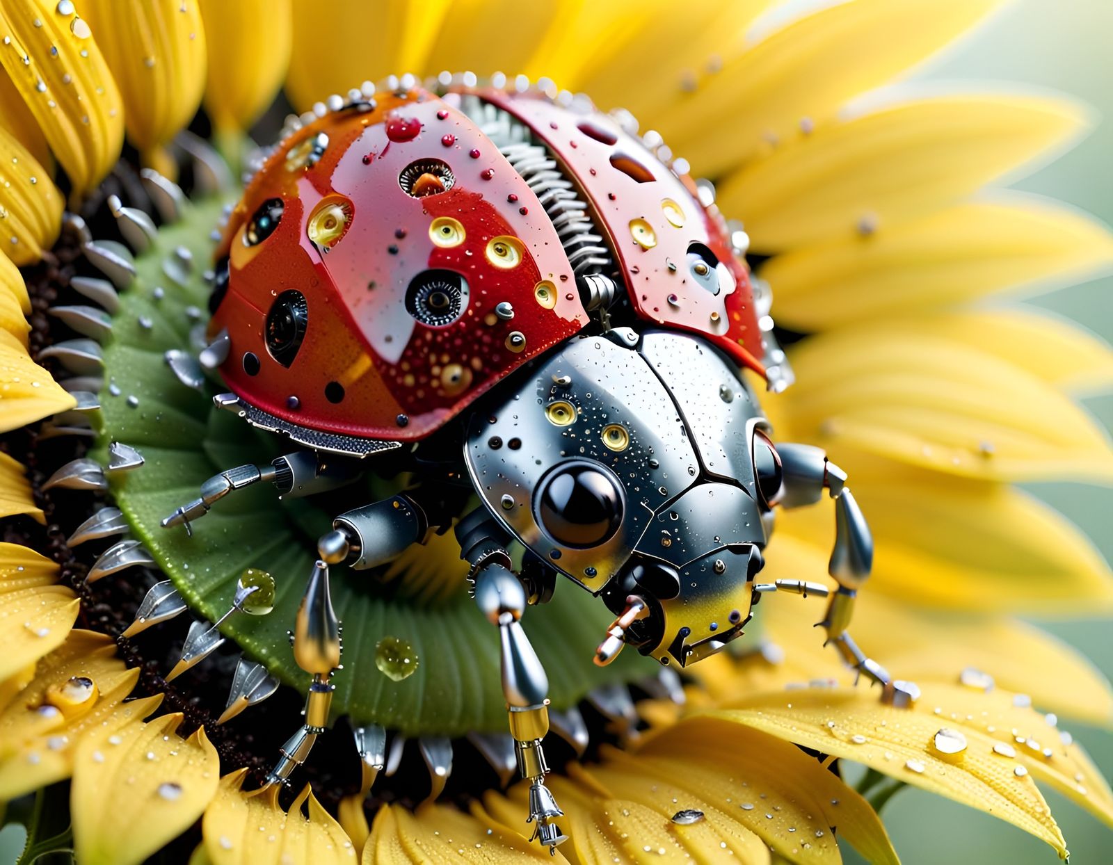 A tiny, meticulously designed robotic ladybug with visible gears