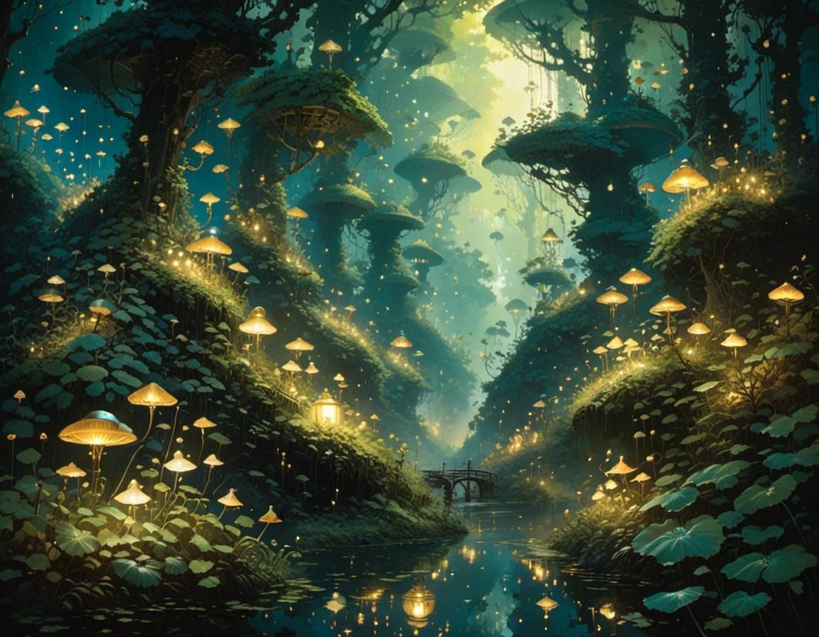  <lora:Anime fantasy:1.0> beautiful ethereal hypermaximalist enchanted forest, fireflies invasion