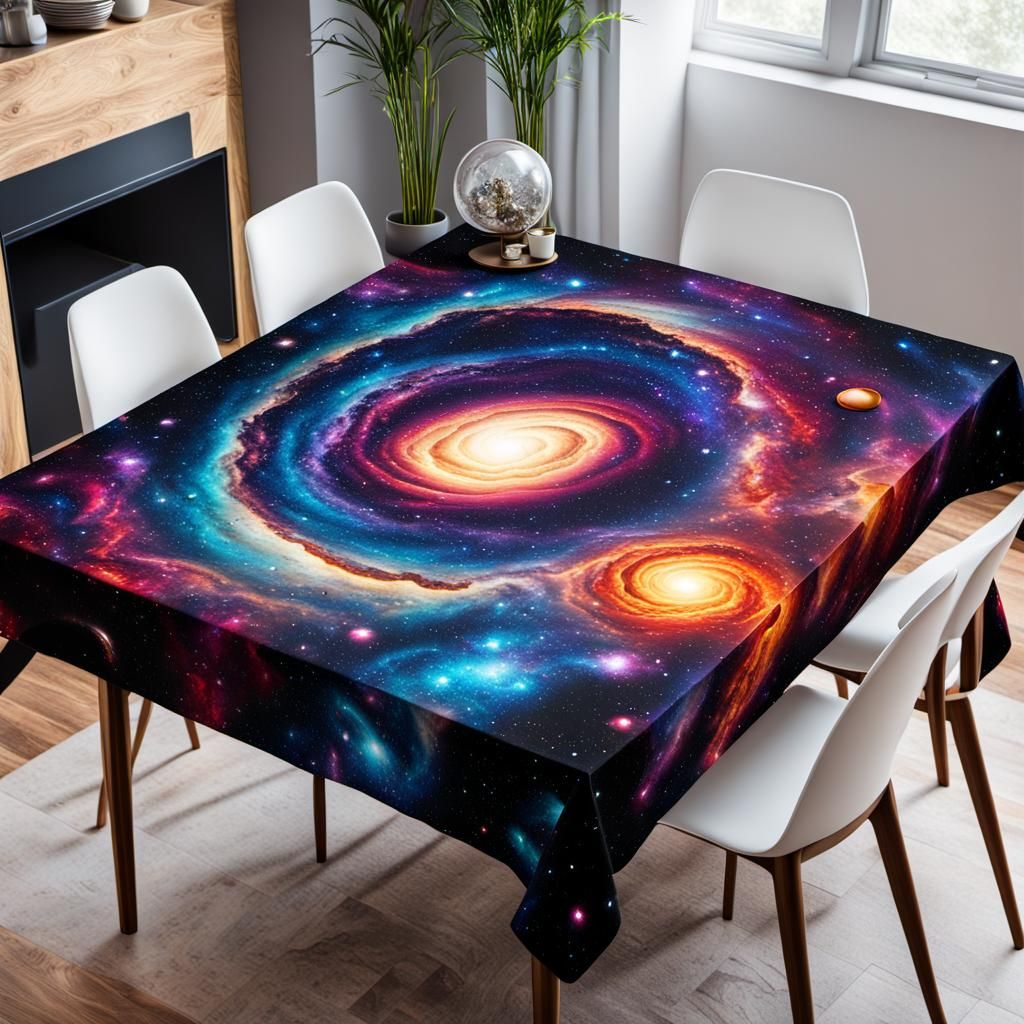 a table with galaxy tablecloth covering... - AI Generated Artwork ...