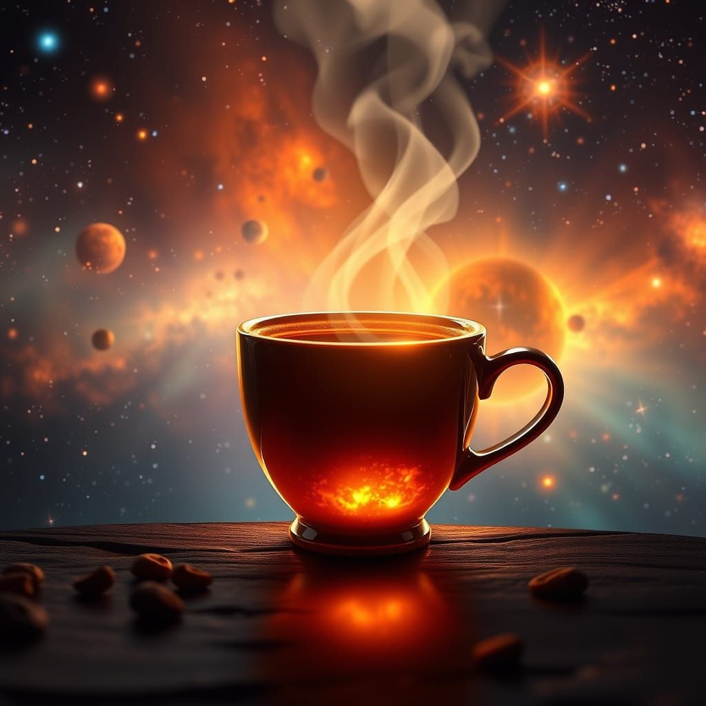a divinely cosmic coffee cafe set in the center of the universe. A single coffee cup is glowing with radiantly vivid beautiful colors, and t...
