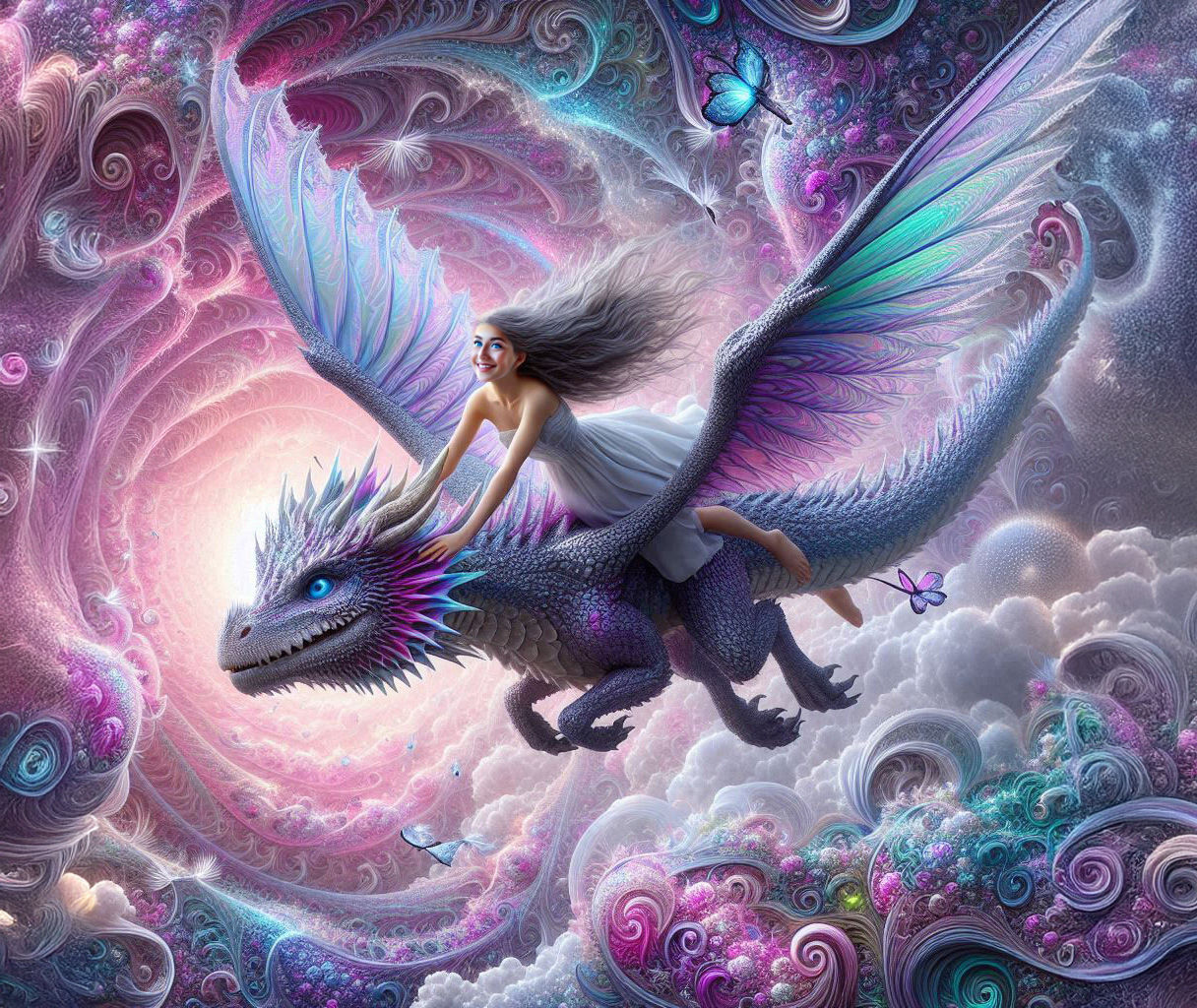 Freya and her Dragon Spyros in a Fractal underground grotto