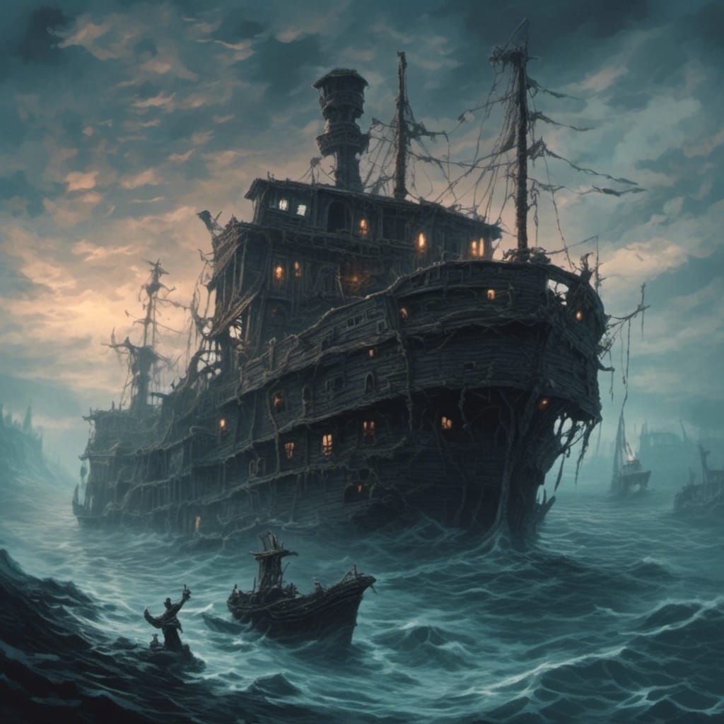 <lora:MiniMacabre:1.0>Ghost ship lost at sea