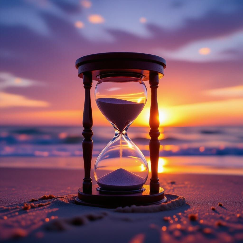 Sand Timer on Beach at Golden Hour Sunset