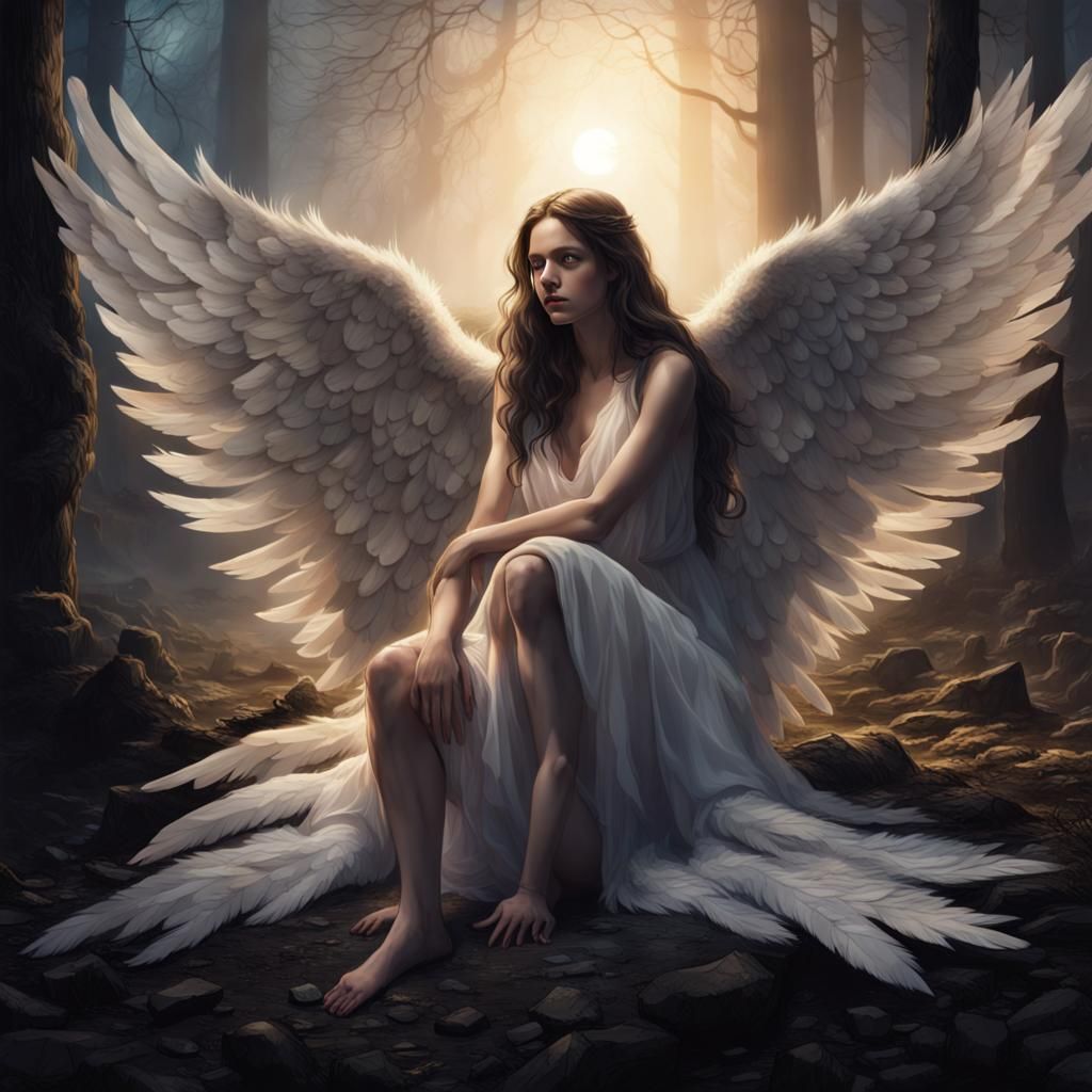 female angel wrapped in her wings sitting hunched on the ground with ...