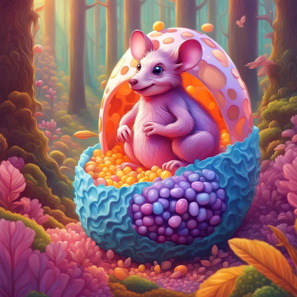 A pink and blue mouse hatching out of a egg in a purple lett...