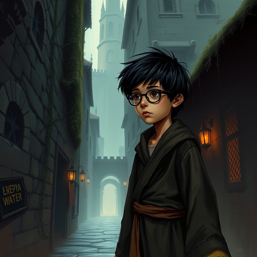 Mysterious Youth in Ancient, Misty Alleyway, in Dark Fantasy...