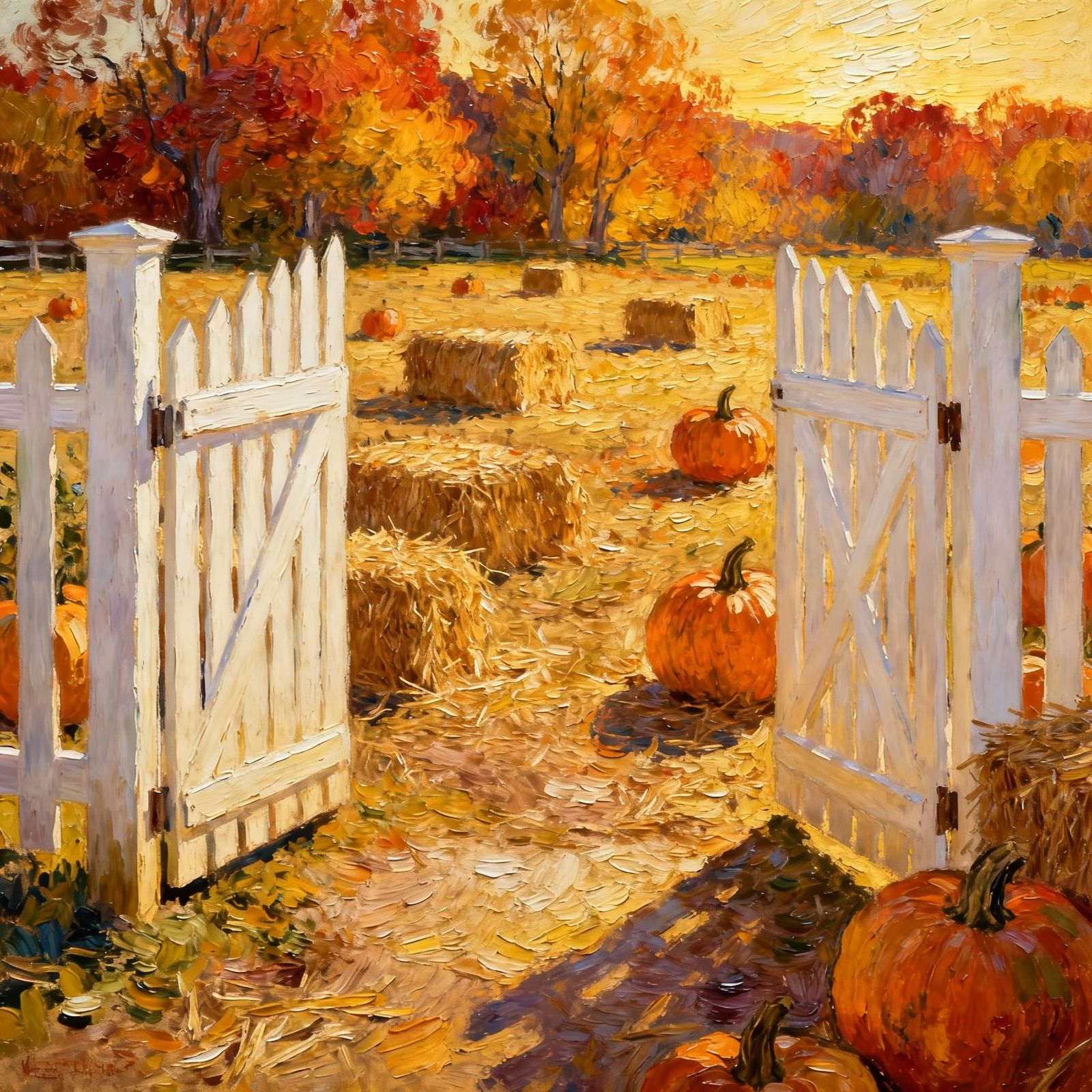 Textured Autumn Pumpkin Patch Painting in Golden Hour