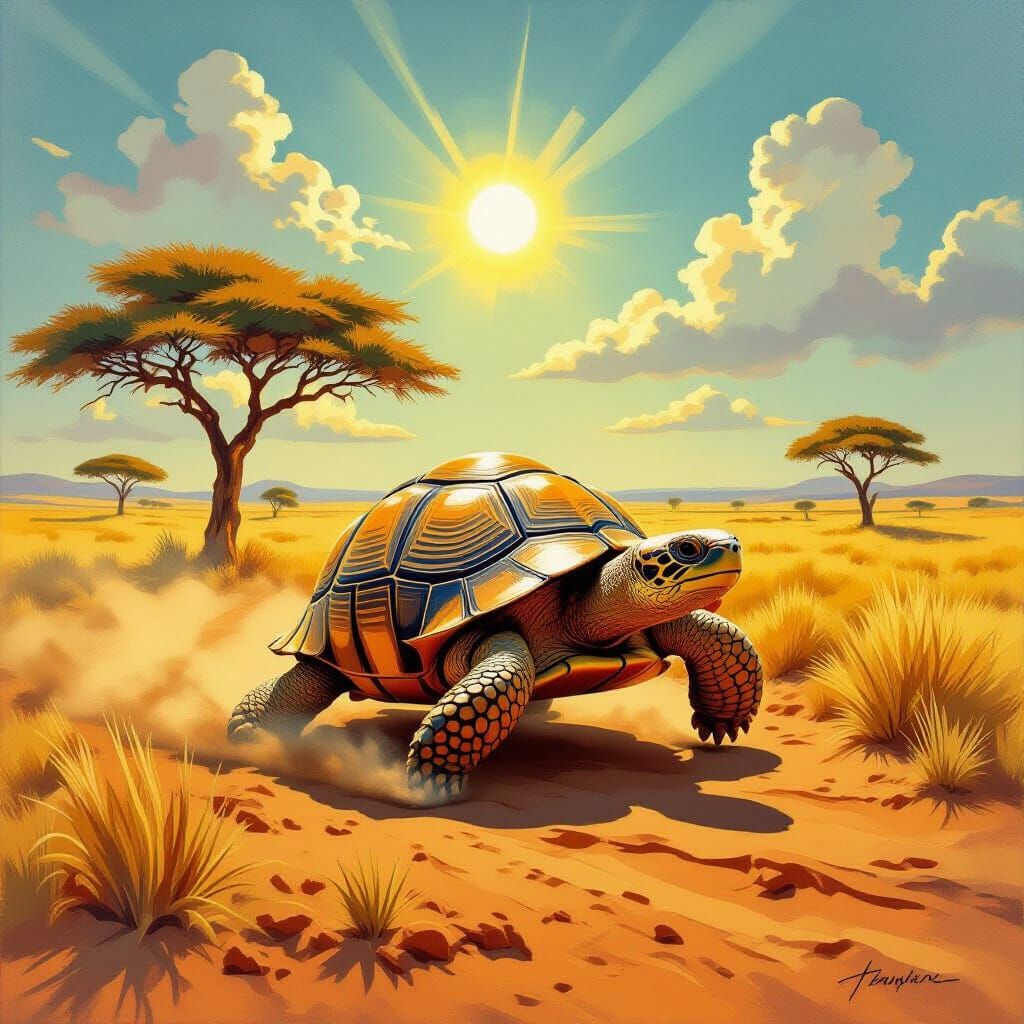 Surreal Tortoise Galloping Across Arid Savanna Oil Painting