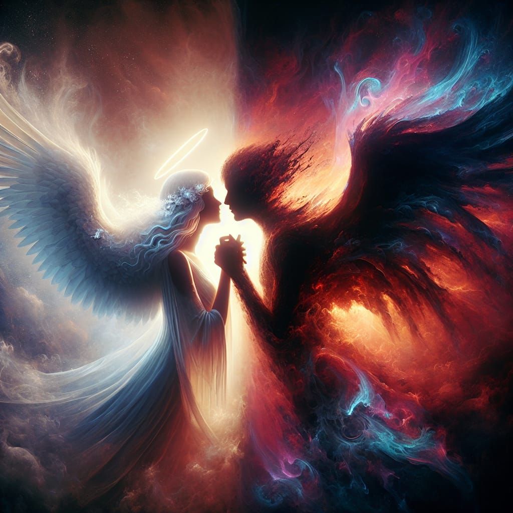 Angel and Fallen Angel in Elegiac Embrace, a Concept Art Pie...