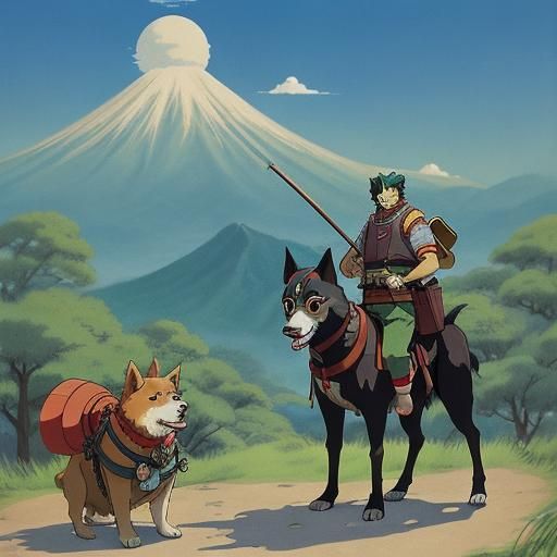 A kamishibai picture of Momotaro on his quest with the dog 
...