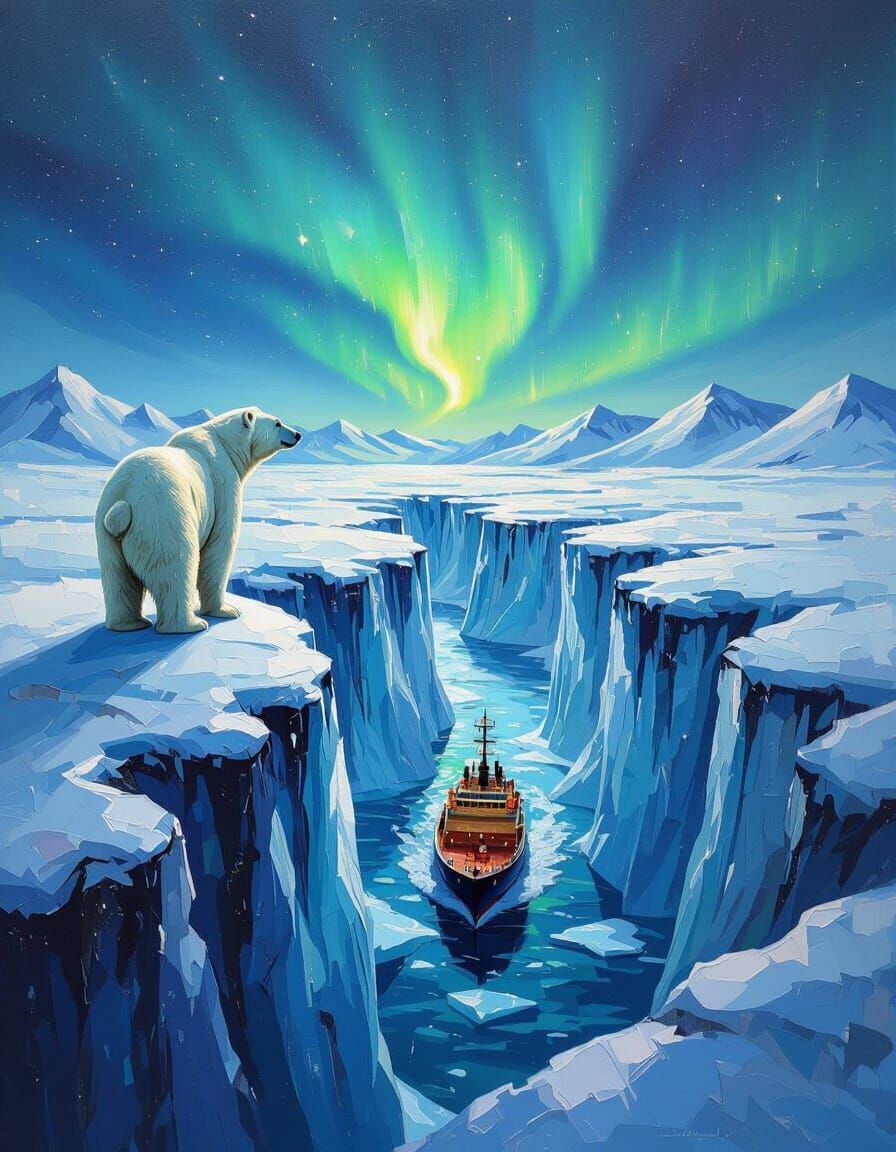 Polar Bear Overlooks Icebreaker in Arctic Canyon Under Auror...
