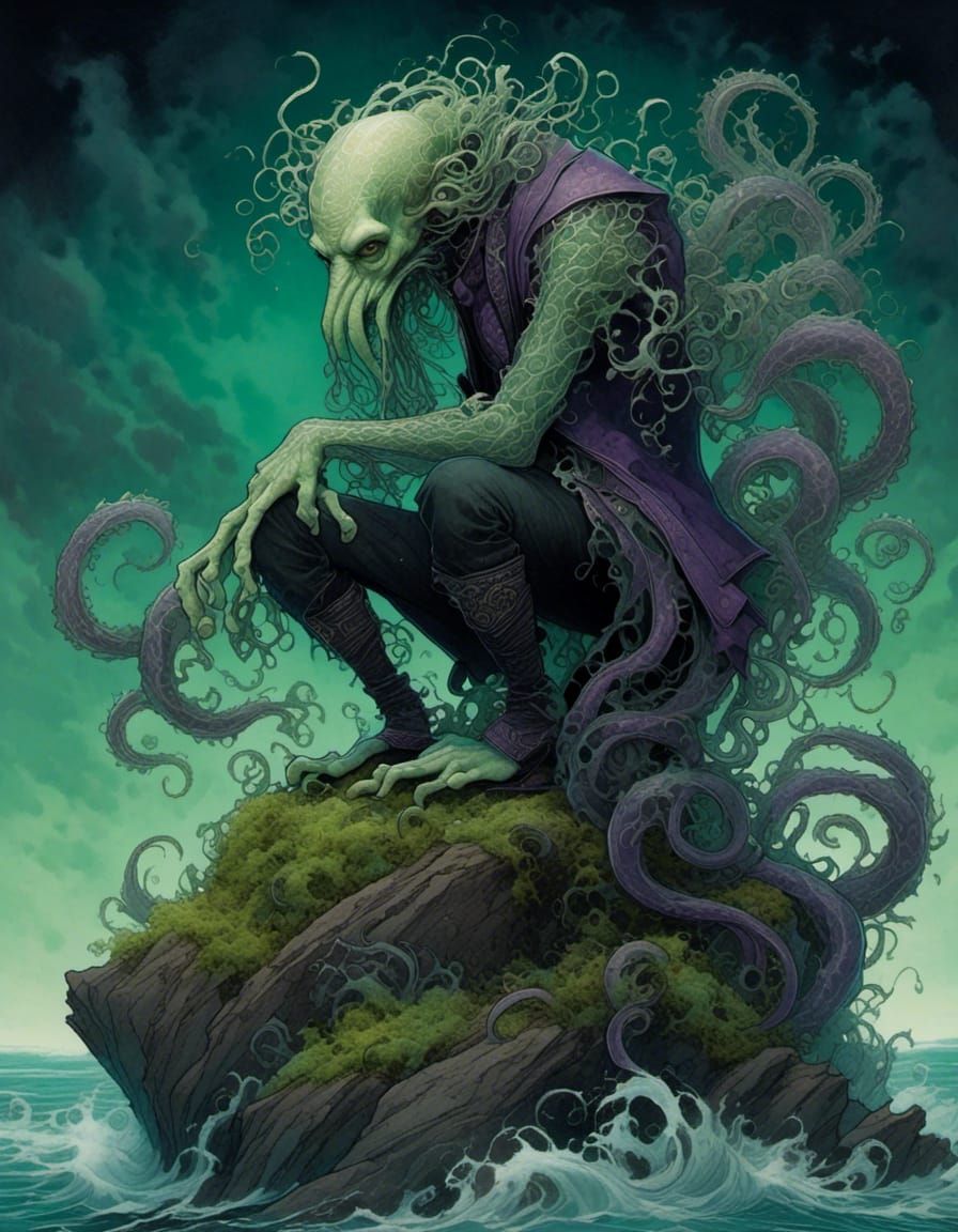 Cthulhu as a pretty queer man, dynamic pose <lora:Venus in Polyester:1.0> 