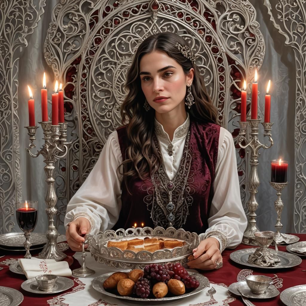 חנהל'ה ביישנית וחייכנית עומדת ושמה את ידיה על הפנים מול שתי הפמוטים מכסף מגולפות הדולקים נרות שבת המונחים על מגש כסף מגו...