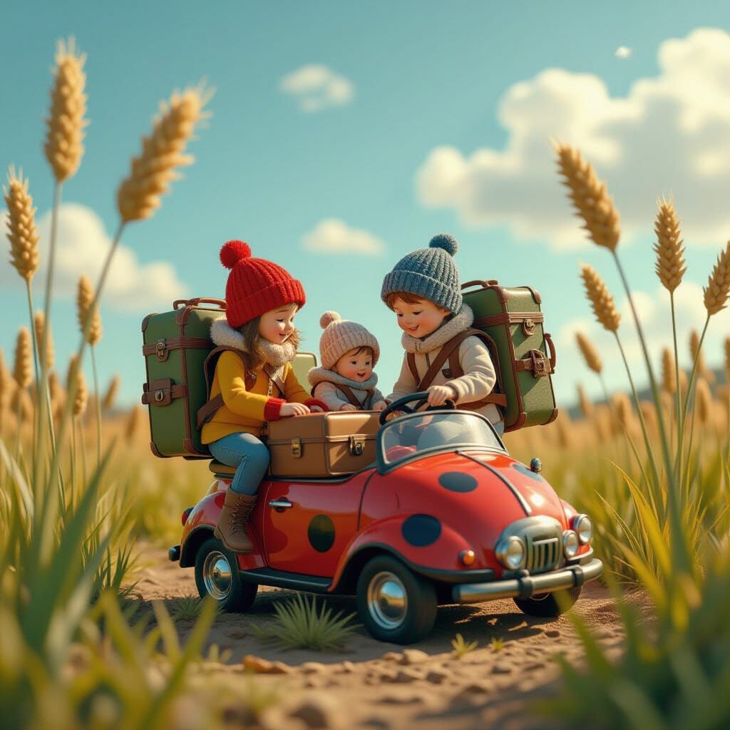 A miniature family with vacation gear is packing their suitcases in a ladybug, standing on a patch of ...  by @esmirquinn