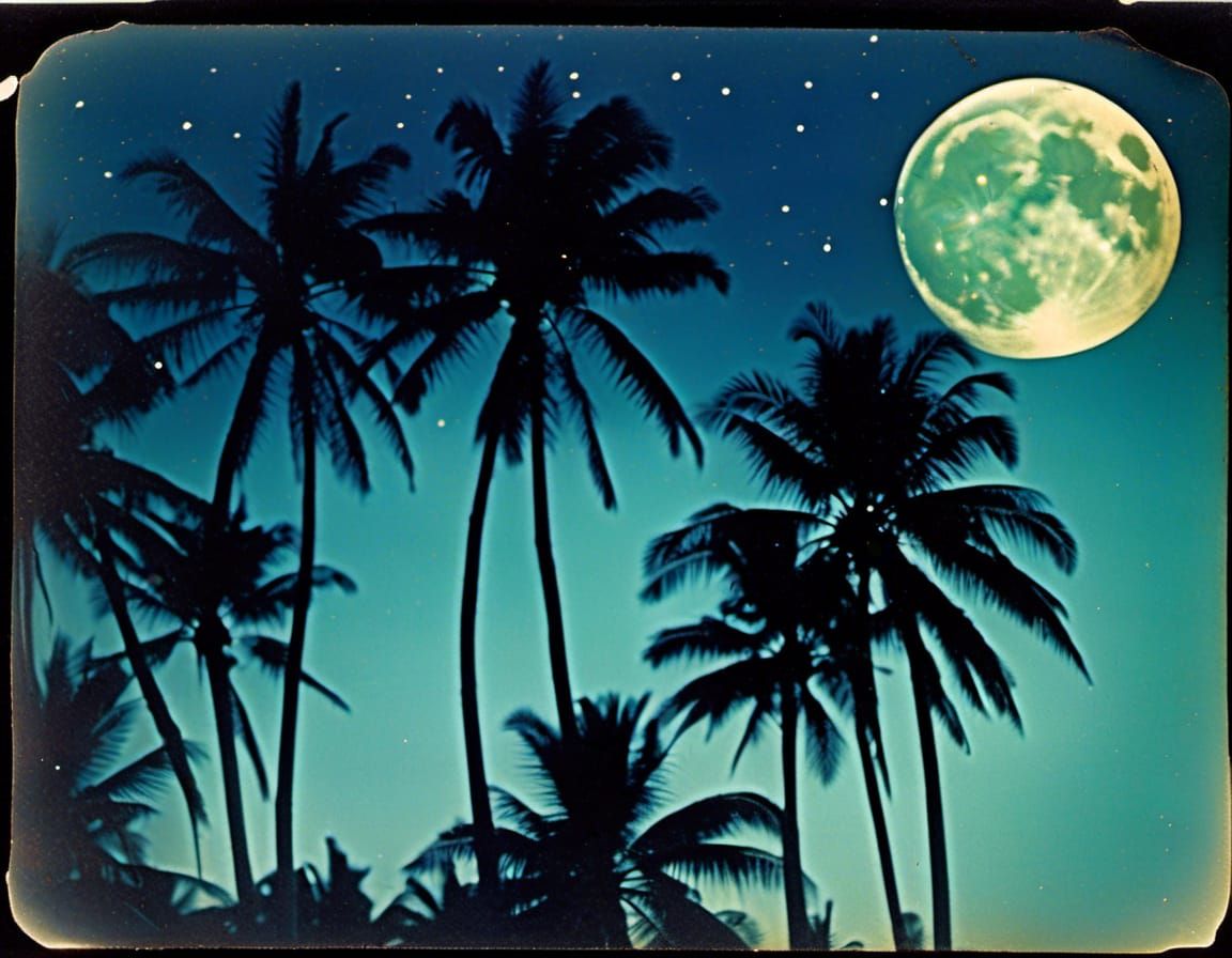 Tropical island moon and twinkling stars palm trees soft focus 1900s ...