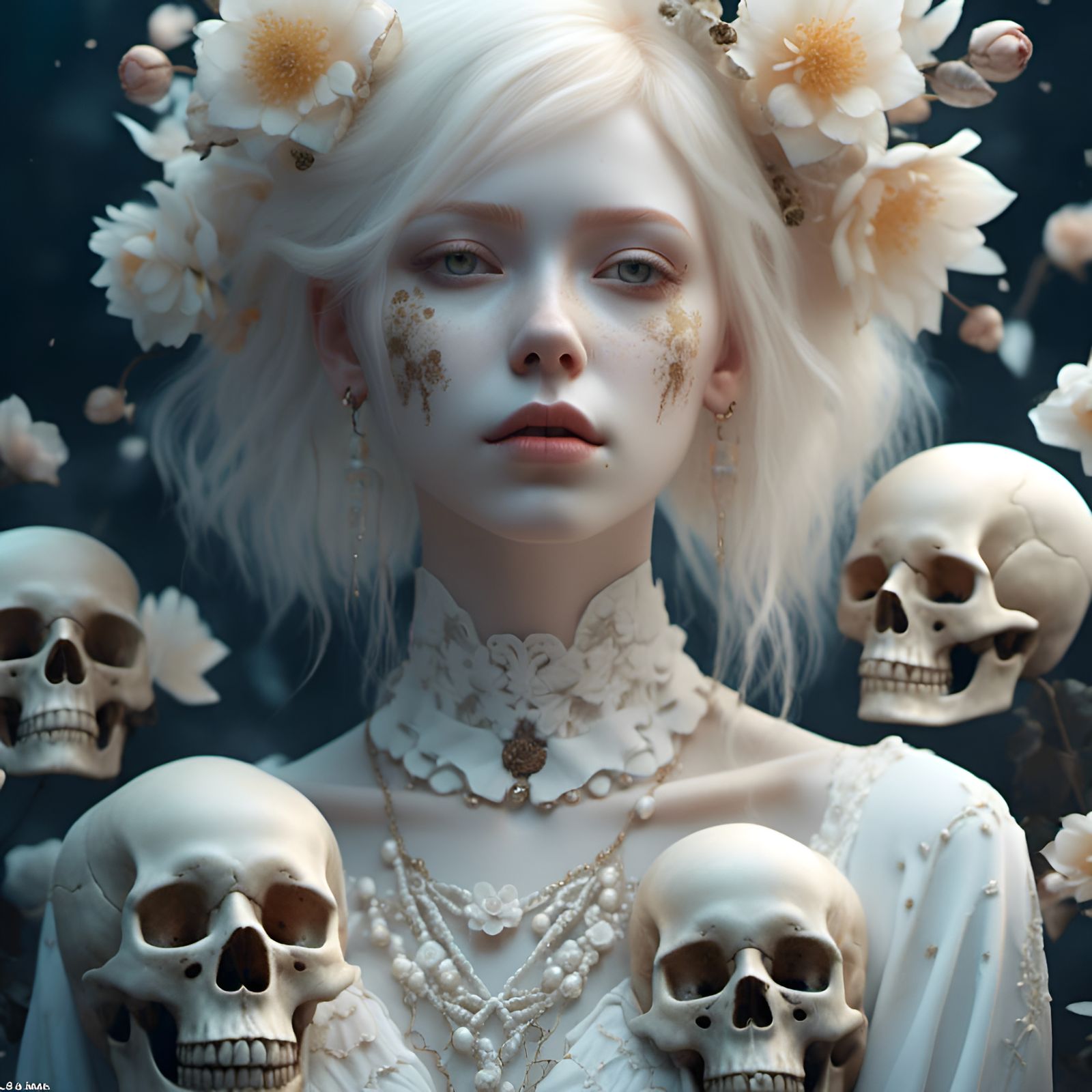 A cute albino girl fullbody portrait, flowers and skulls, sharp, sharp focus <lora:Entropy_butterlies:1.0> 