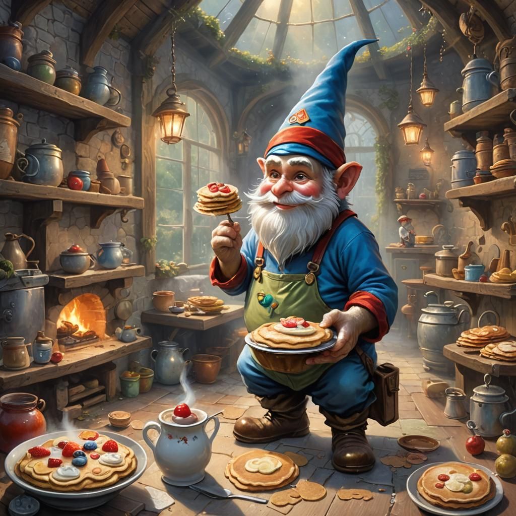 A gnome making pancakes in his top-secret facility with a mo...