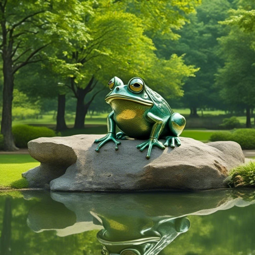 <lora:Dadaist forms:1.0> a cute quirky frog on a rock in a pond. Beautiful park. high quality, high resolution, high detail, 16k, UHD, HDR,...