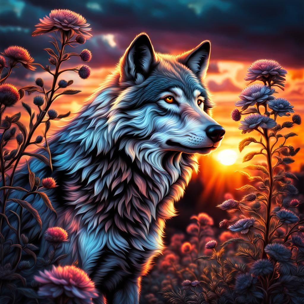 Sunset Floral Wolf