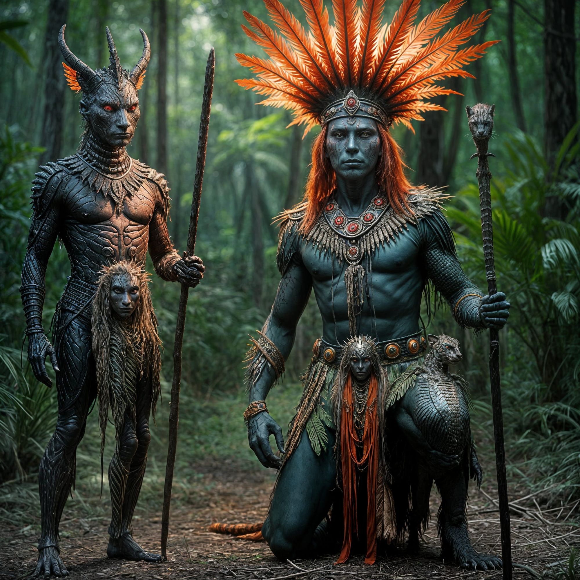 Mystical, dreamlike,psychedelic Reptilian humanoid Alien in an Army uniform and a Biomechanical shadow person with red glowing eyes consult ...