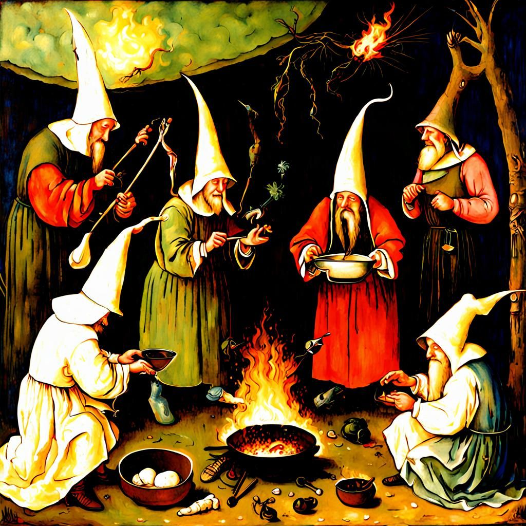 Hieronymus Bosch style: Wizards gather around a cooking fire...