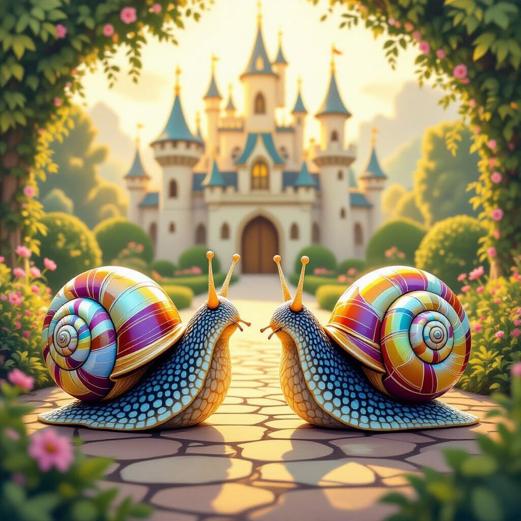 Two curious and beautiful snails, in love who exhibit unusual features on their shell, such as strange coloring patterns, unusual geometric ...