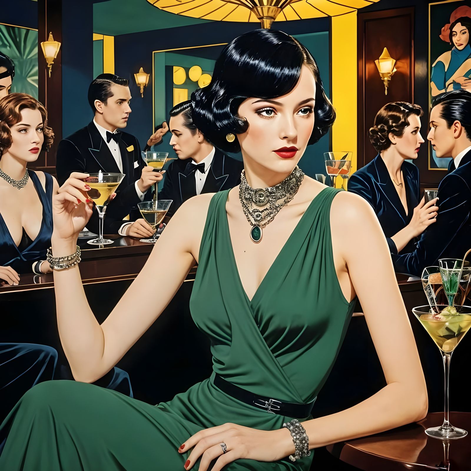 A woman sitting at a bar drinking a martini in the 1930s