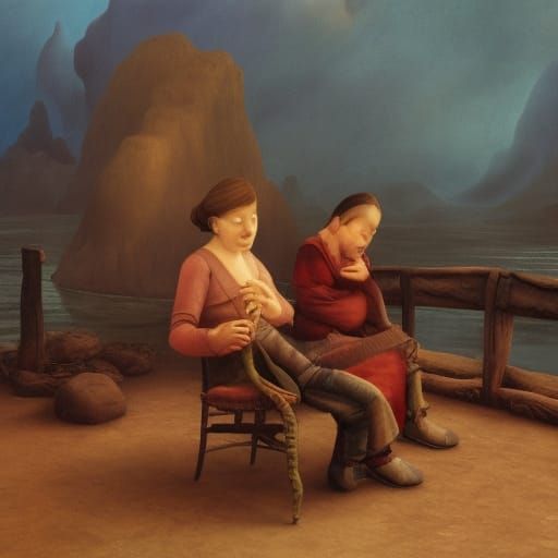 Two people telling stories/ deep color detailed matte painti...