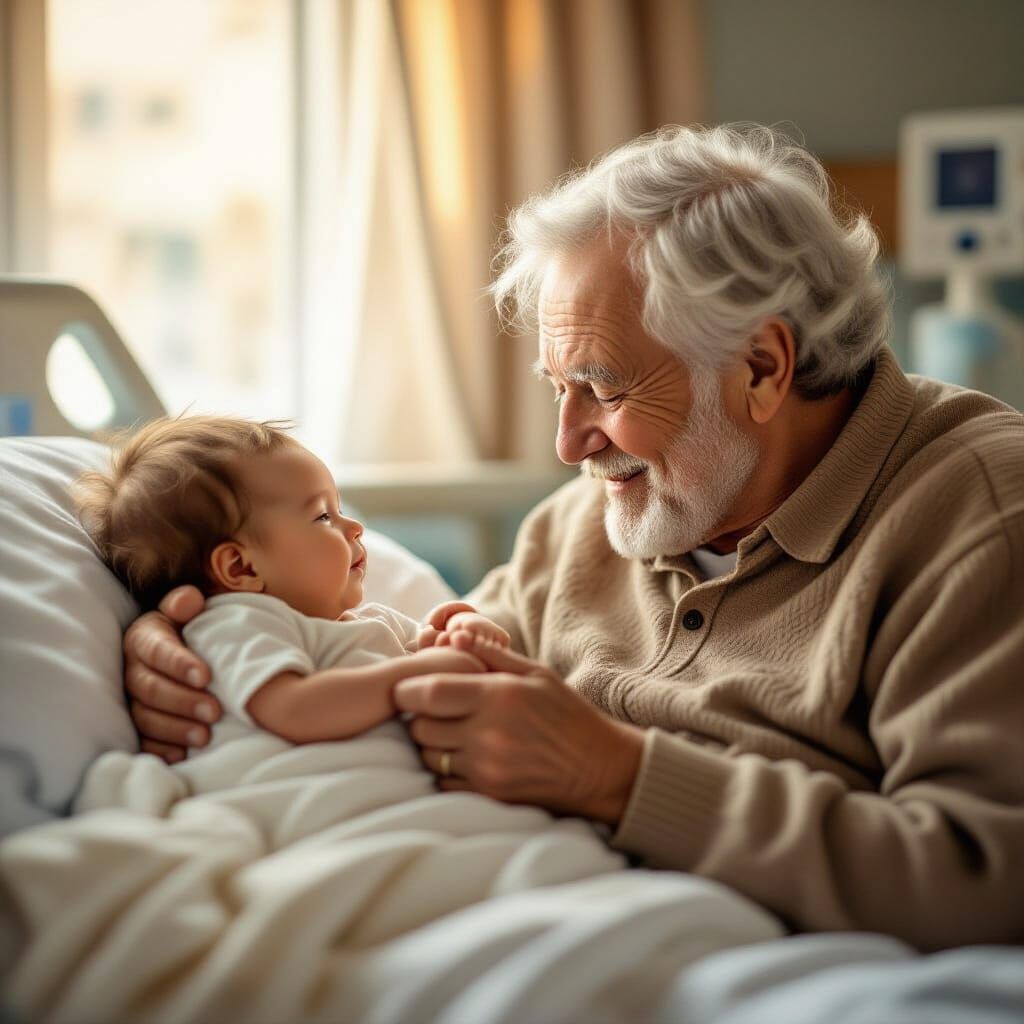 Newborn Holds Grandfather's Hand in Hospital