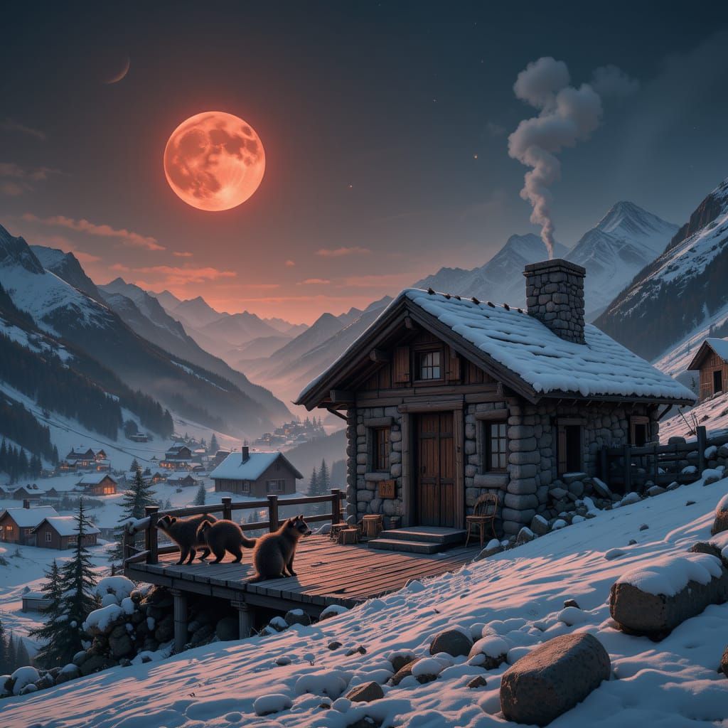 Rustic Stone Cabin with Raccoons