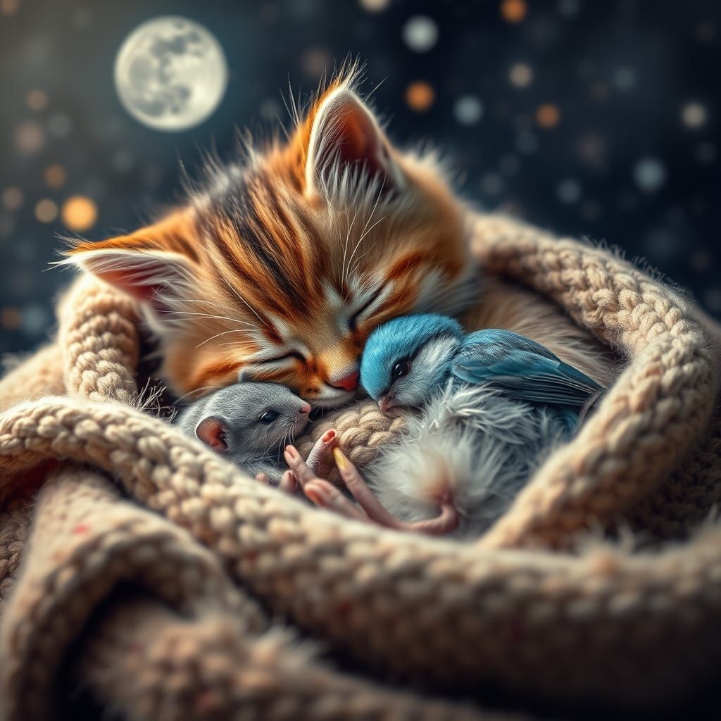 kitten sleeping in a blanket, curled with a grey mouse and a blue bird  by @Victoria G
