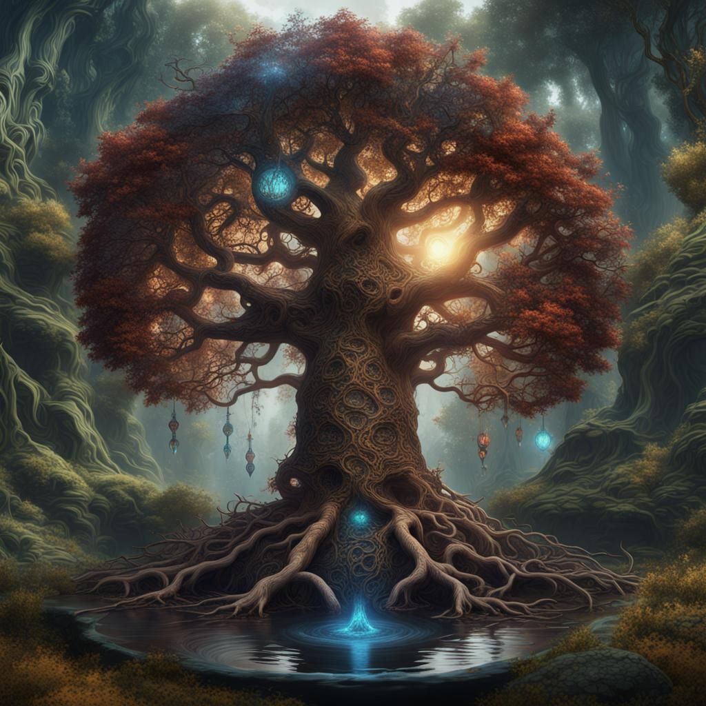 the hermetic tree of life in intricate details as a living organism   by @loki7997