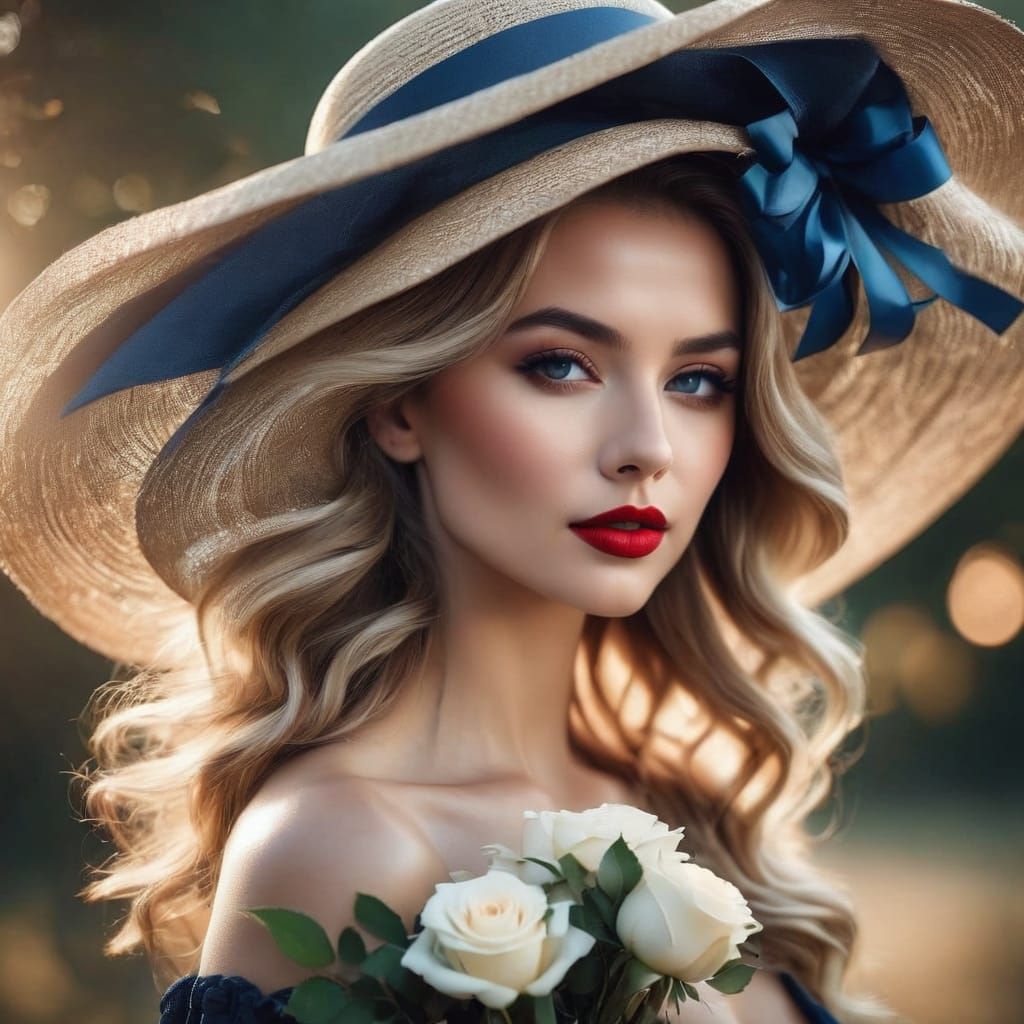 an attractive and elegant woman wearing a large hat with a b...