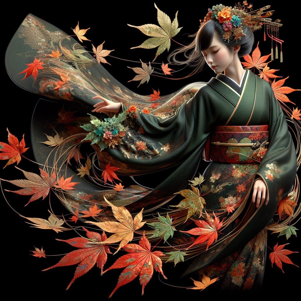 Japanese princess wearing flowing dark green kimono decorated with  autumn-colored maple leaves that ...  by @bashfulglowfly