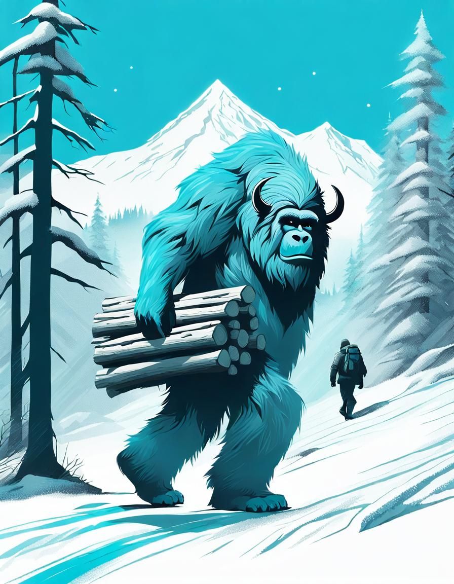 Cyan monochromatic art work, yeti carrying logs pile of over...