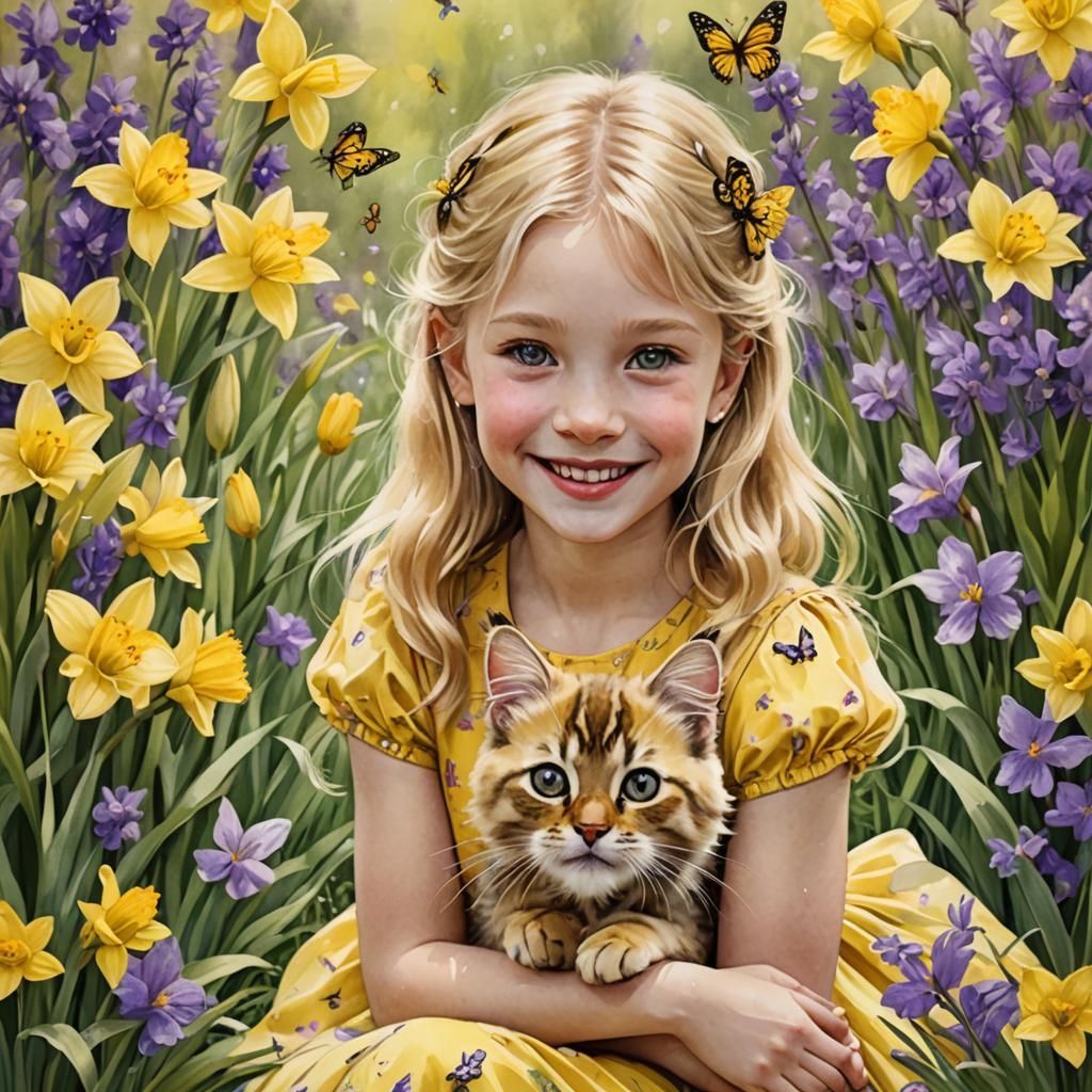 A smiling blond headed girl wearing yellow dress with butter...