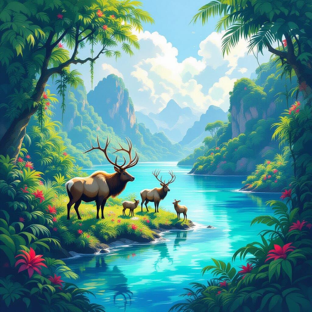 Irish Elk Family in a Lush Jungle Paradise