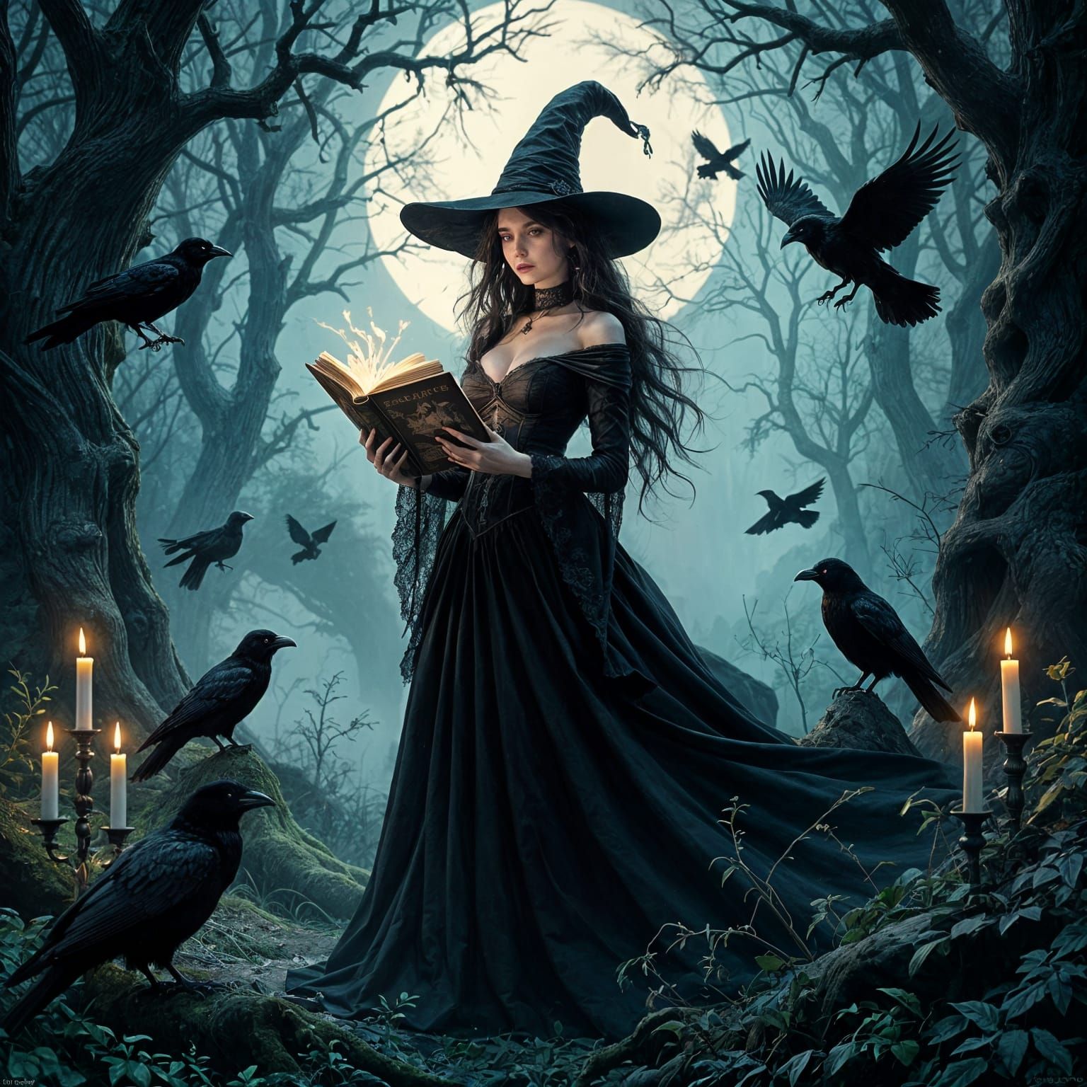 Gothic witch in a dark forest, candlelight and ravens, long flowing black dress, antique spellbook, baroque ...  by @Likra