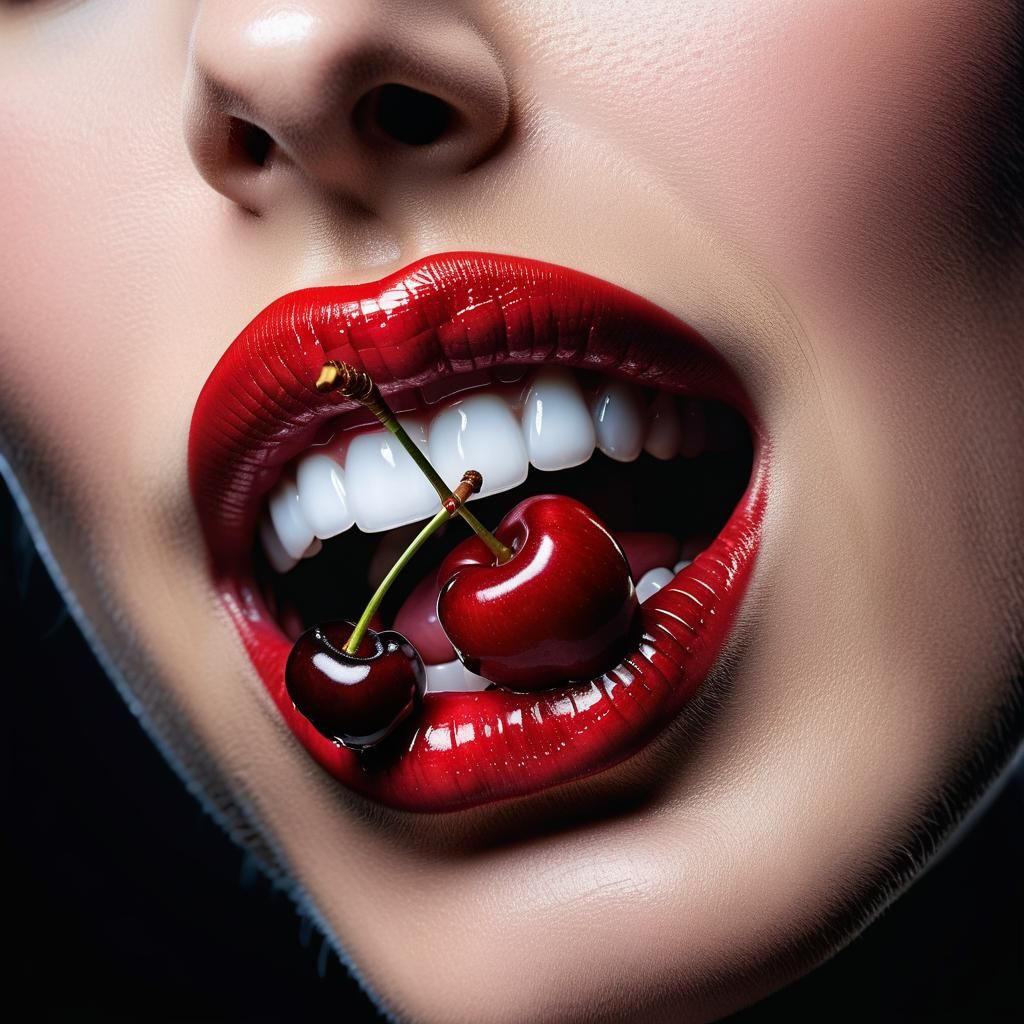 A striking high-definition image of glossy red lips and teet...