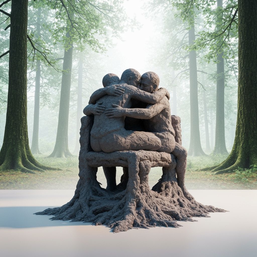 beautiful surreal chair made of people in hug, in warped perspective with forest exposure, Jennifer Lommers, Amanda Clark, Ernst Haeckel, dy...