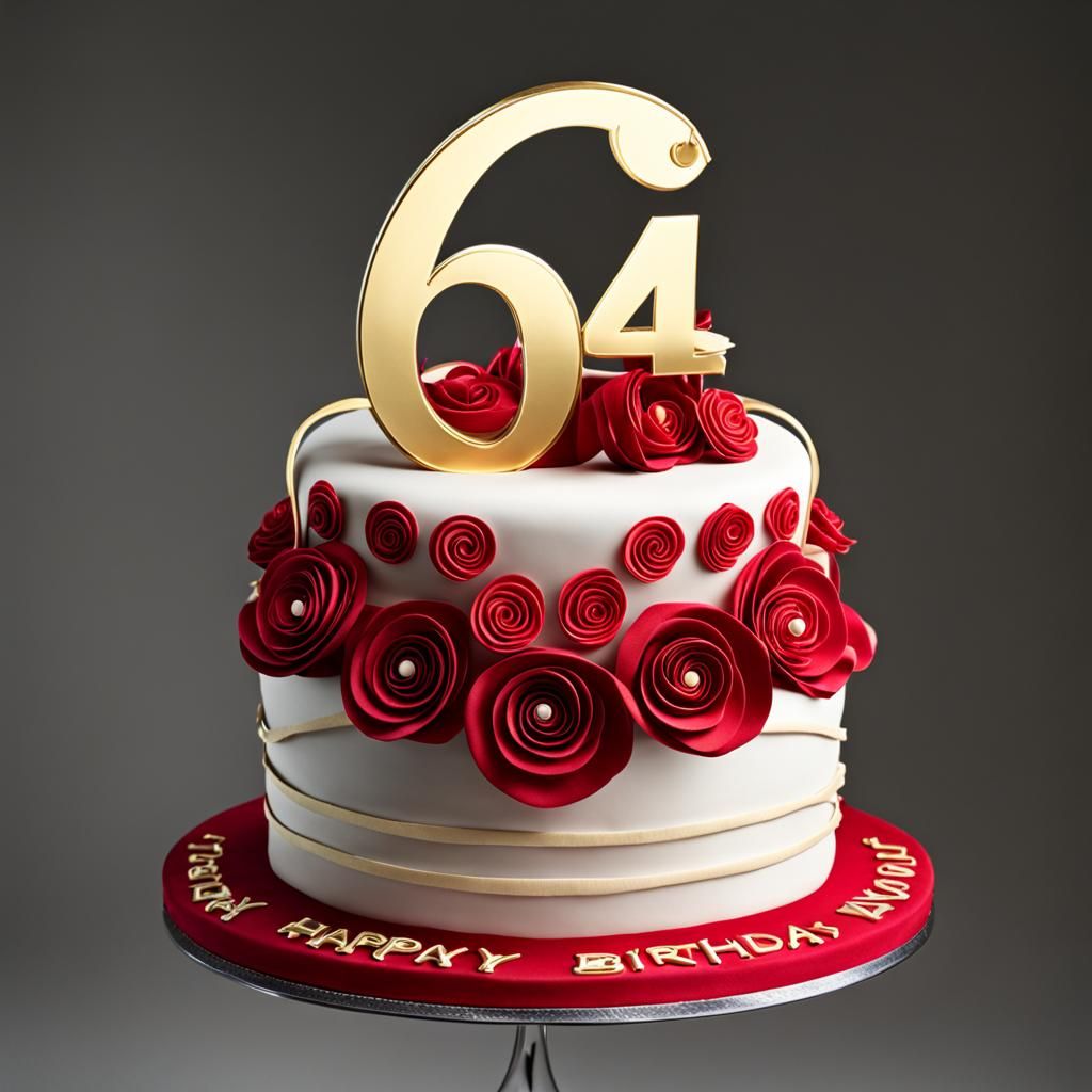 Big fancy birthday cake with “64” on it